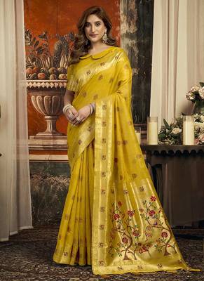 Mustard kota silk blend paithani saree with meenakari floral bootis 2