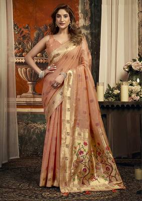 Peach kota silk blend paithani saree with meenakari floral bootis 1
