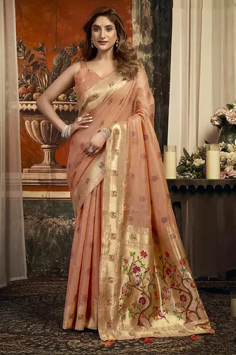 Peach kota silk blend paithani saree with meenakari floral bootis