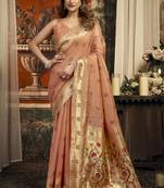 Peach kota silk blend paithani saree with meenakari floral bootis
