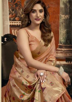 Peach kota silk blend paithani saree with meenakari floral bootis 2