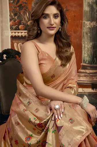 Peach kota silk blend paithani saree with meenakari floral bootis
