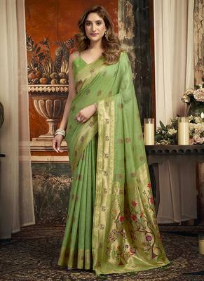 Light green kota silk blend paithani saree with meenakari floral bootis 1