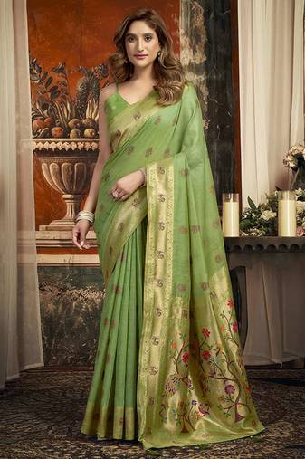 Light green kota silk blend paithani saree with meenakari floral bootis