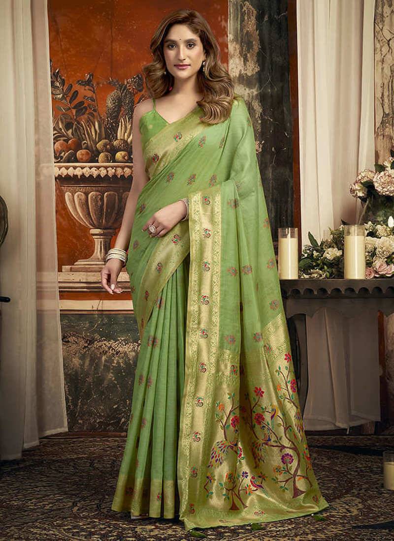 Light green kota silk blend paithani saree with meenakari floral bootis