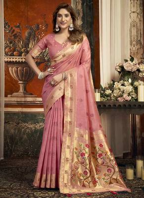 Blush pink kota silk blend paithani saree with meenakari floral bootis 1