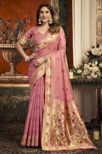 Blush pink kota silk blend paithani saree with meenakari floral bootis