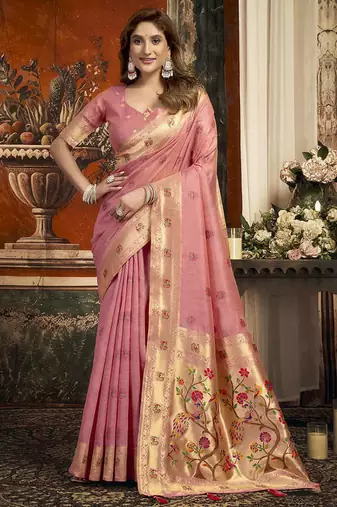 Blush pink kota silk blend paithani saree with meenakari floral bootis