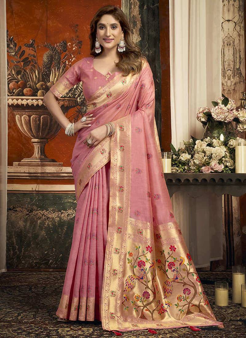 Blush pink kota silk blend paithani saree with meenakari floral bootis