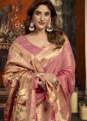 Blush pink kota silk blend paithani saree with meenakari floral bootis 2