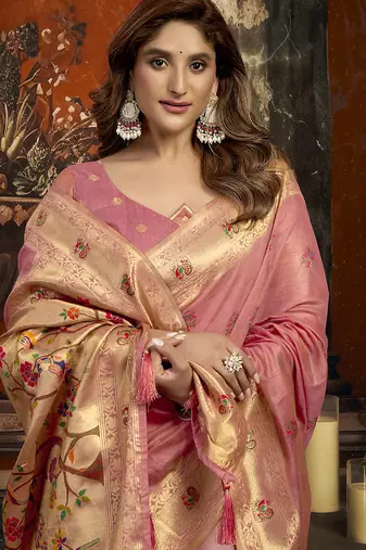Blush pink kota silk blend paithani saree with meenakari floral bootis