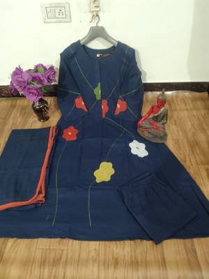 Women's Navy Blue Embroidered Kurta Palazzo Set with Dupatta 2