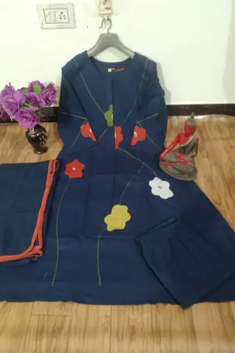 Women's Navy Blue Embroidered Kurta Palazzo Set with Dupatta