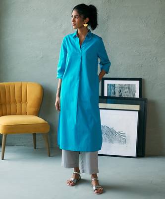 Turquoise blue cotton long kurta set 1