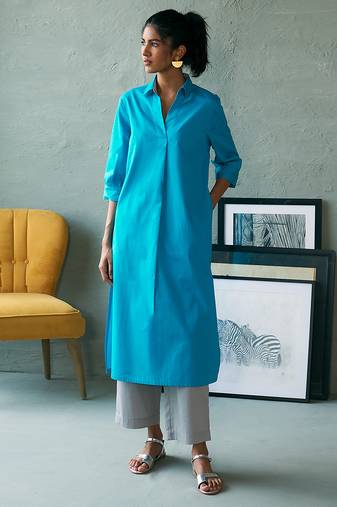 Turquoise blue cotton long kurta set