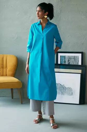 Turquoise blue cotton long kurta set