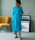 Turquoise blue cotton long kurta set