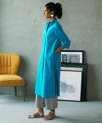 Turquoise blue cotton long kurta set 2