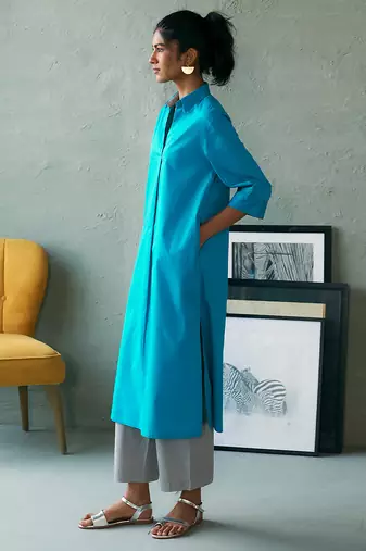 Turquoise blue cotton long kurta set