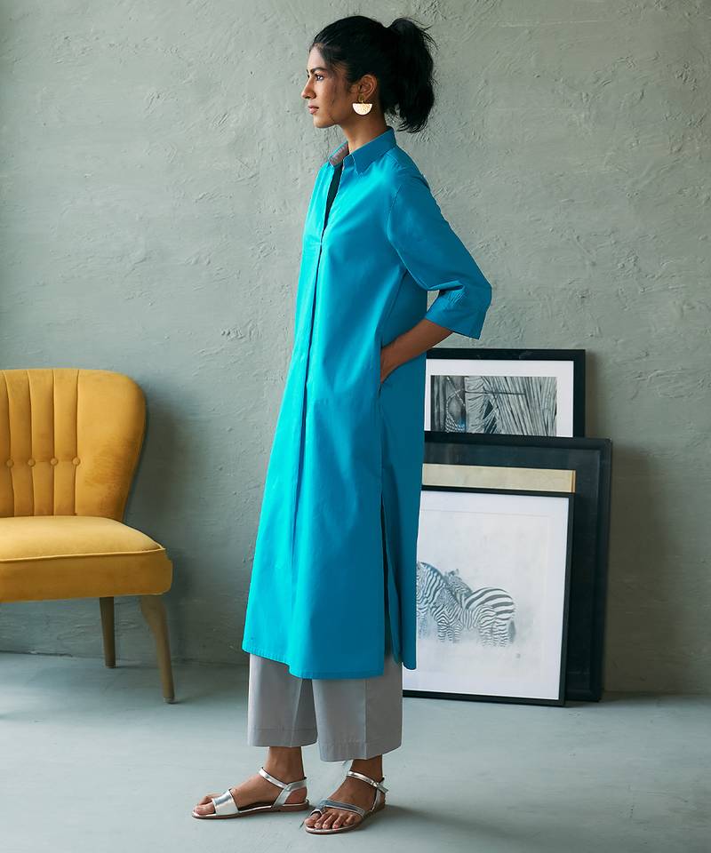 Turquoise blue cotton long kurta set