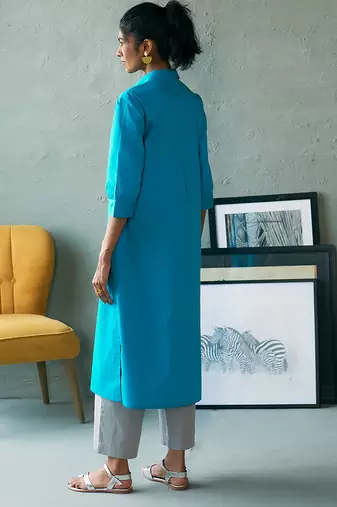 Turquoise blue cotton long kurta set
