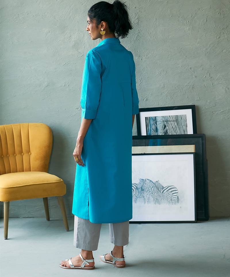 Turquoise blue cotton long kurta set