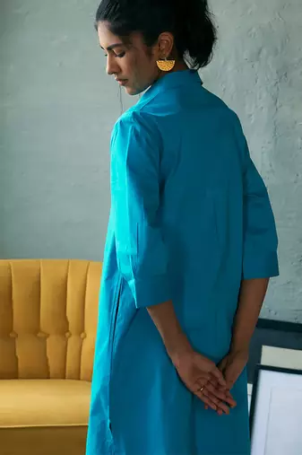 Turquoise blue cotton long kurta set
