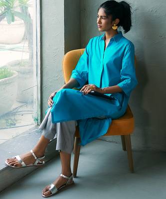 Turquoise blue cotton long kurta set 5
