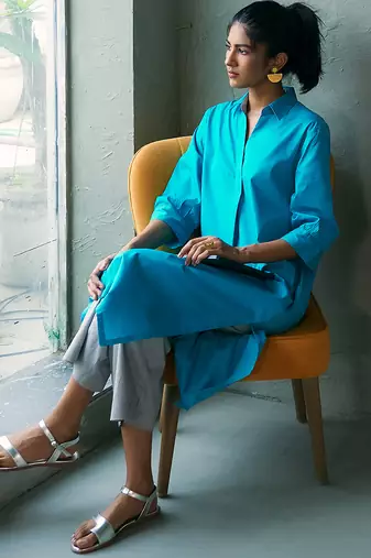 Turquoise blue cotton long kurta set