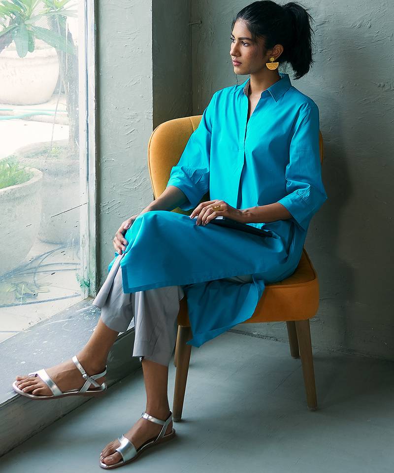Turquoise blue cotton long kurta set
