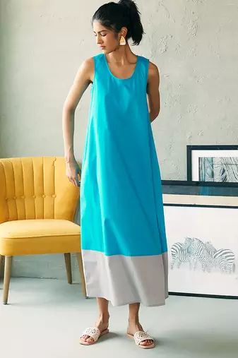 Turquoise blue grey cotton maxi dress
