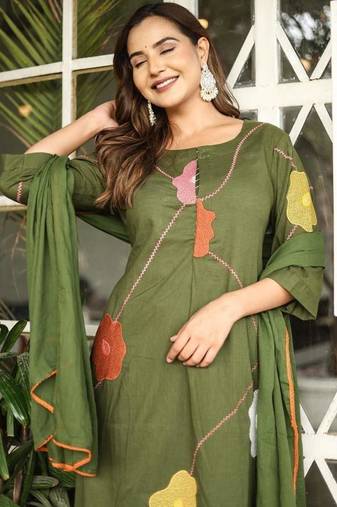 Women's Green  Embroidered Kurta Palazzo Set with Dupatta