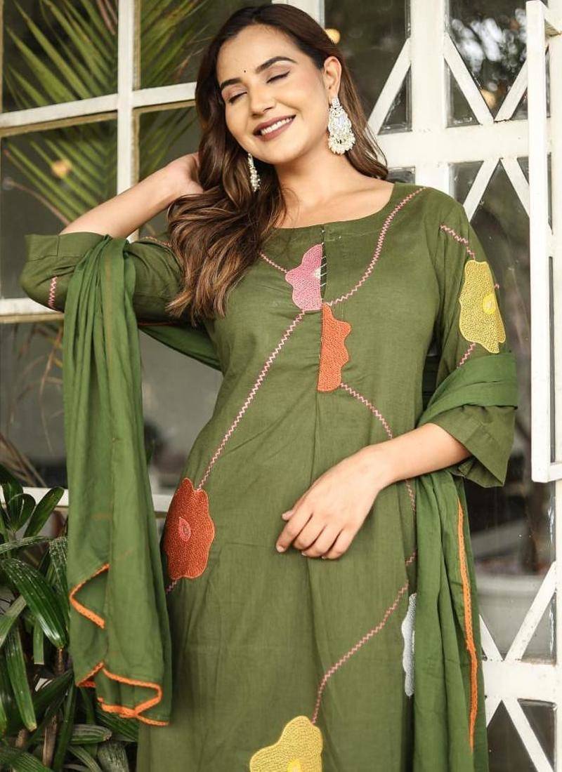 Women's Green  Embroidered Kurta Palazzo Set with Dupatta