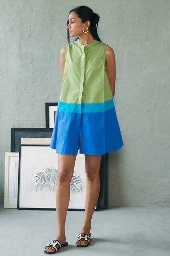 Green blue cotton mini dress