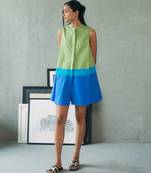 Green blue cotton mini dress