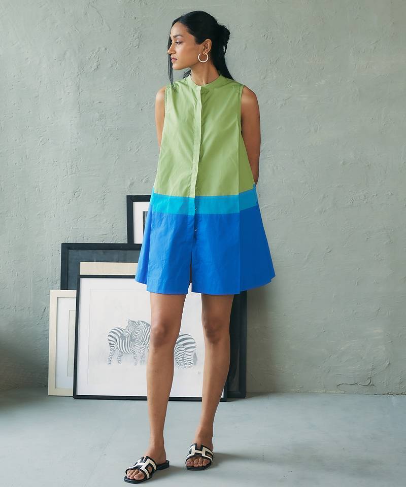 Green blue cotton mini dress