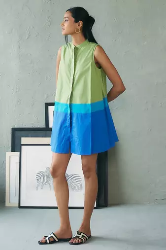 Green blue cotton mini dress