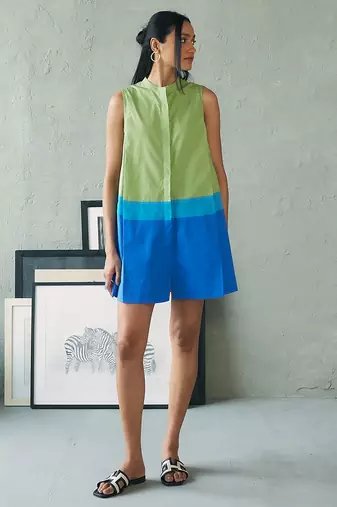 Green blue cotton mini dress