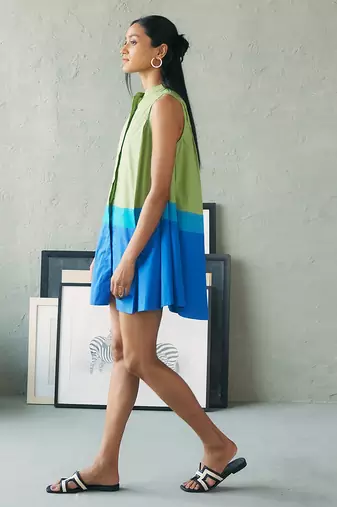 Green blue cotton mini dress
