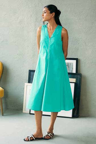 Aqua blue cotton midi dress