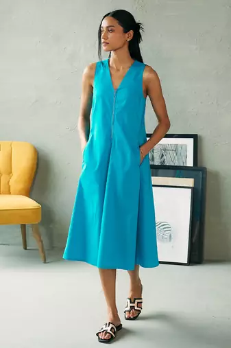 Turquoise blue cotton midi dress