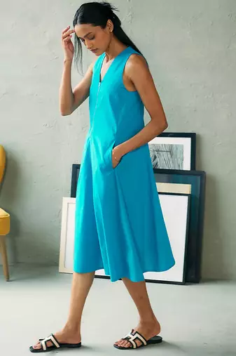 Turquoise blue cotton midi dress