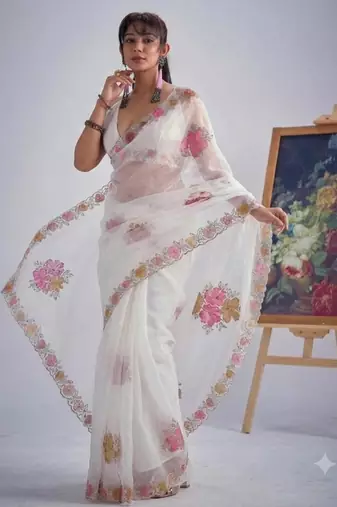 White organza printed saree