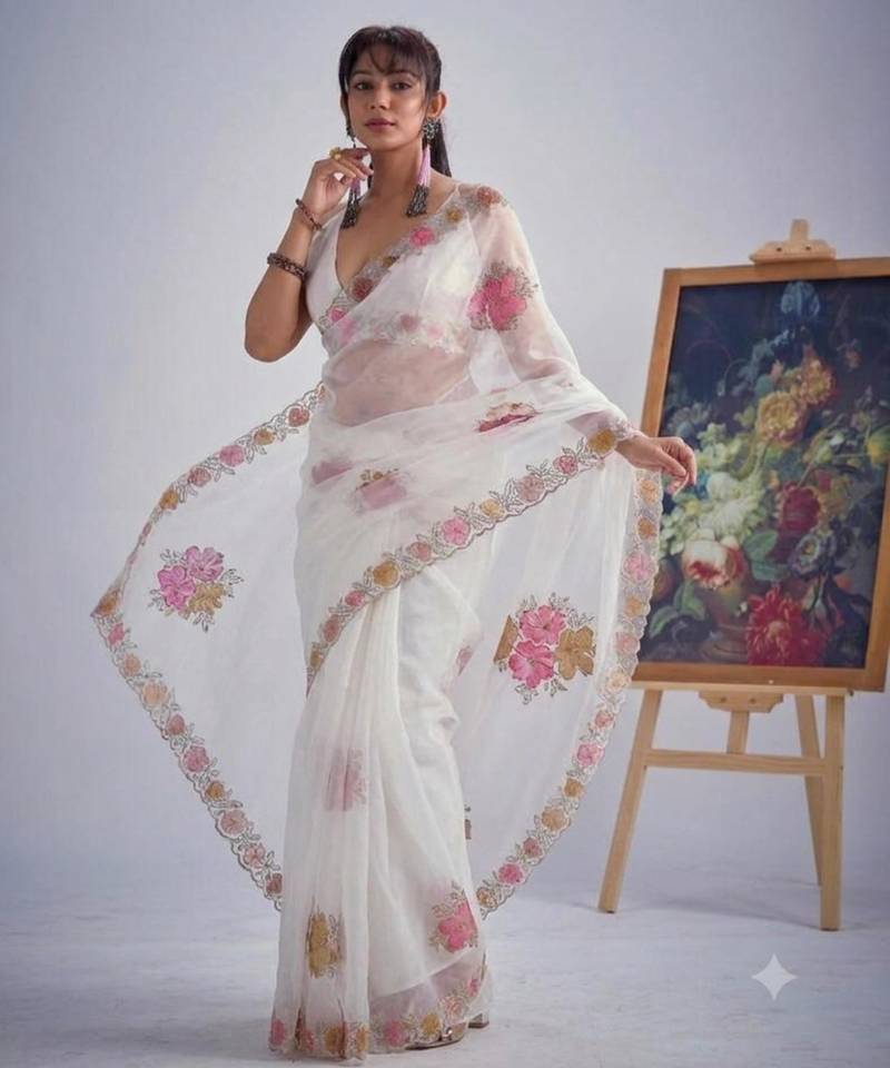 White organza printed saree