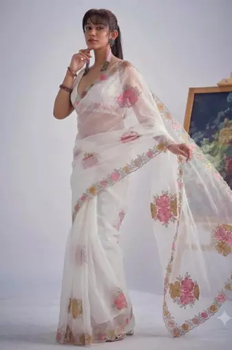 White organza printed saree