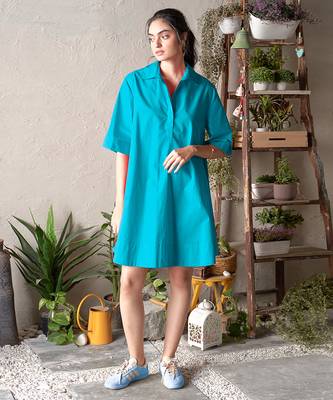 Turquoise blue cotton popover shirt dress 1