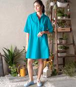 Turquoise blue cotton popover shirt dress