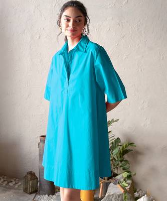 Turquoise blue cotton popover shirt dress 4