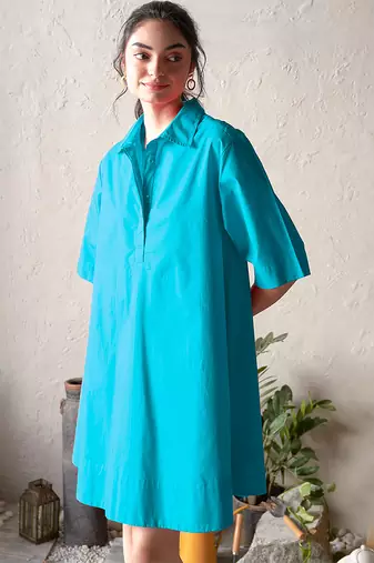 Turquoise blue cotton popover shirt dress