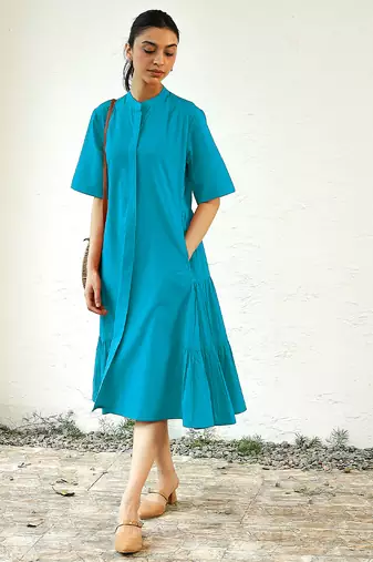 Turquoise blue cotton flared midi dress